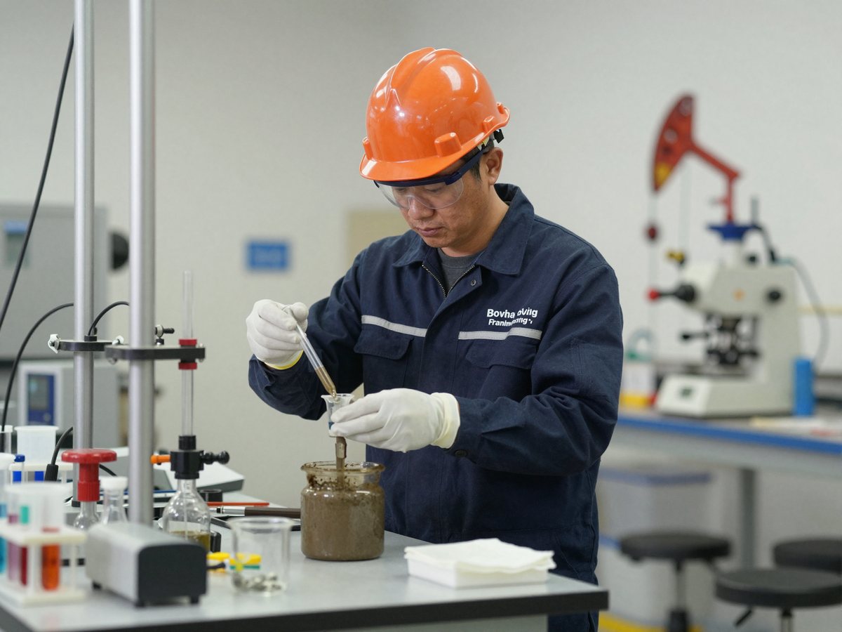 JA Oilfield laboratory technician testing drilling fluid samples