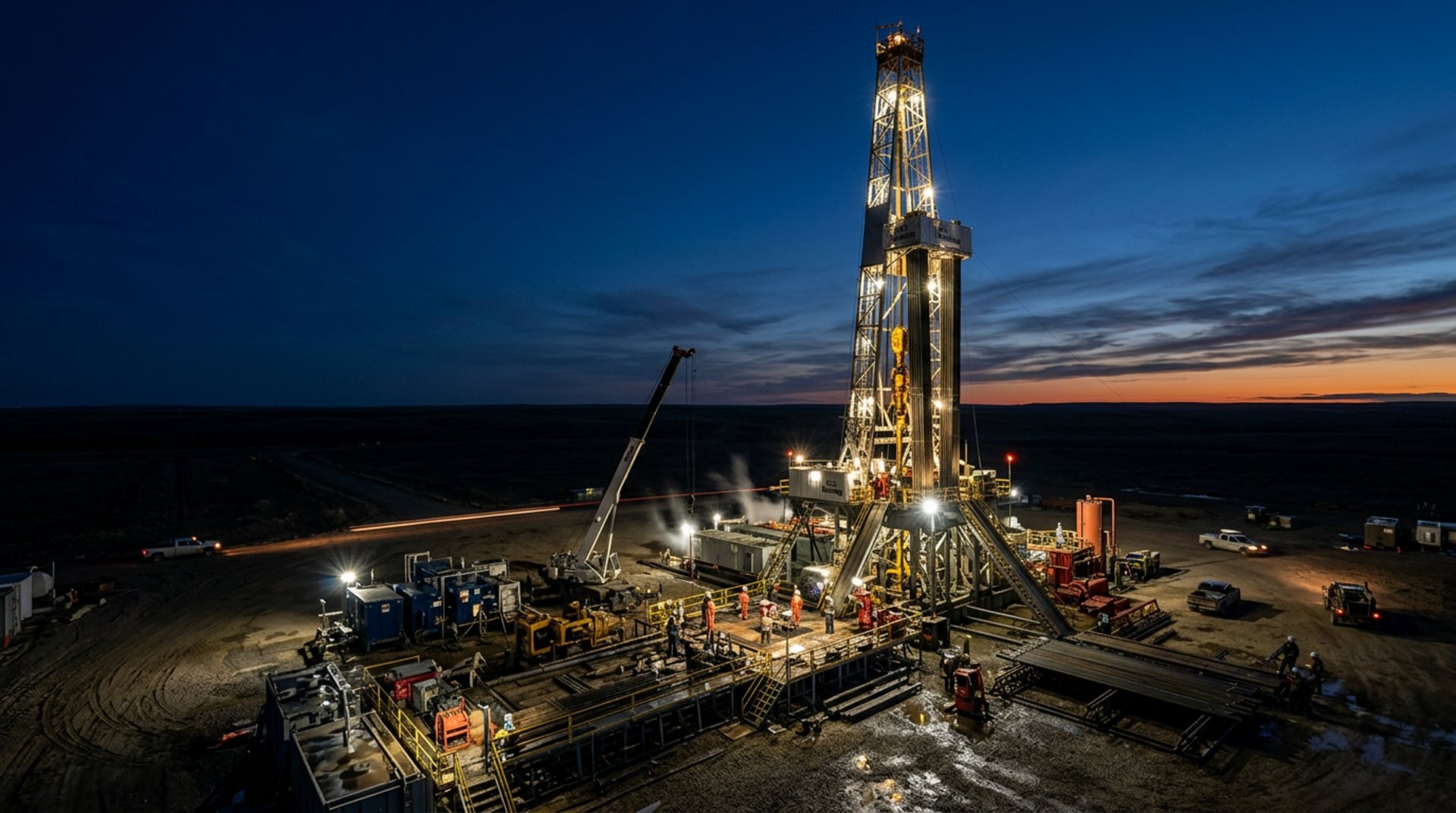 Oil drilling rig at dusk
