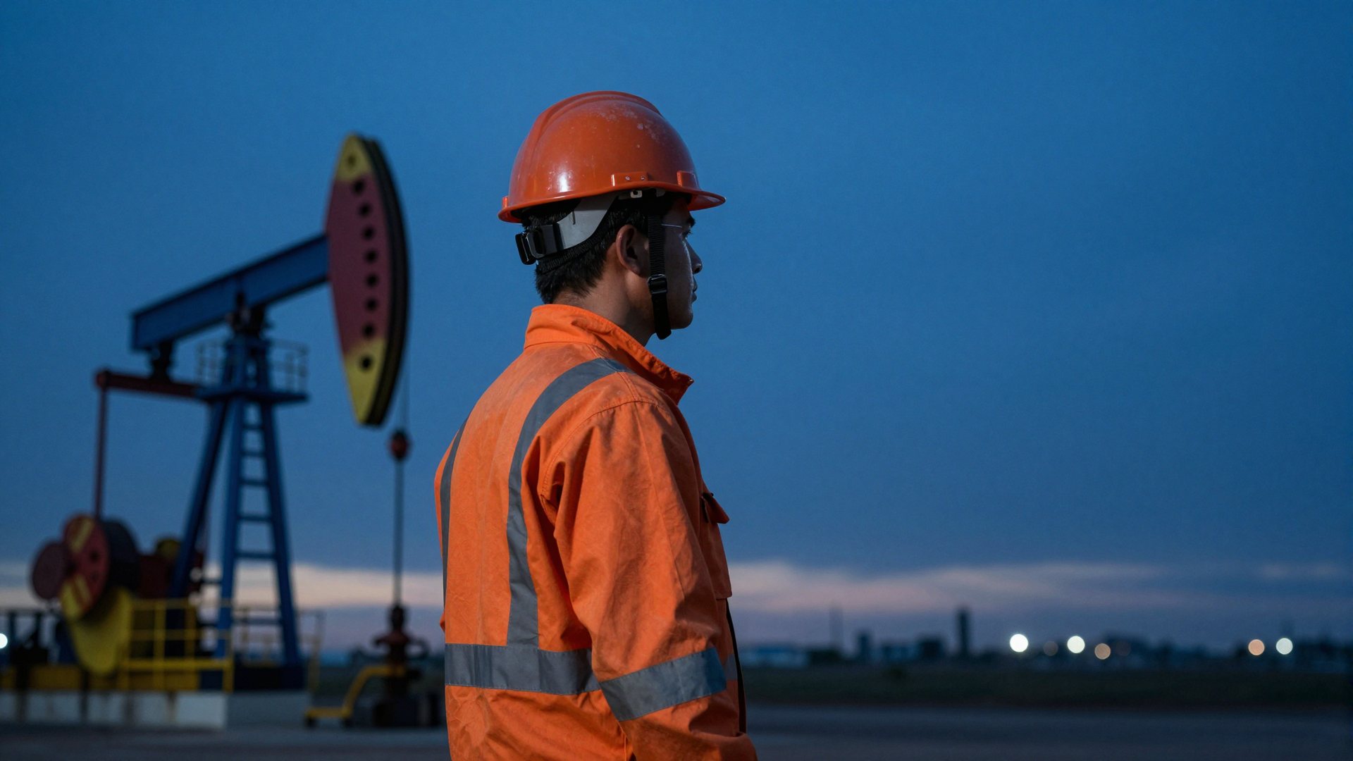 Oilfield worker in safety gear at dusk
